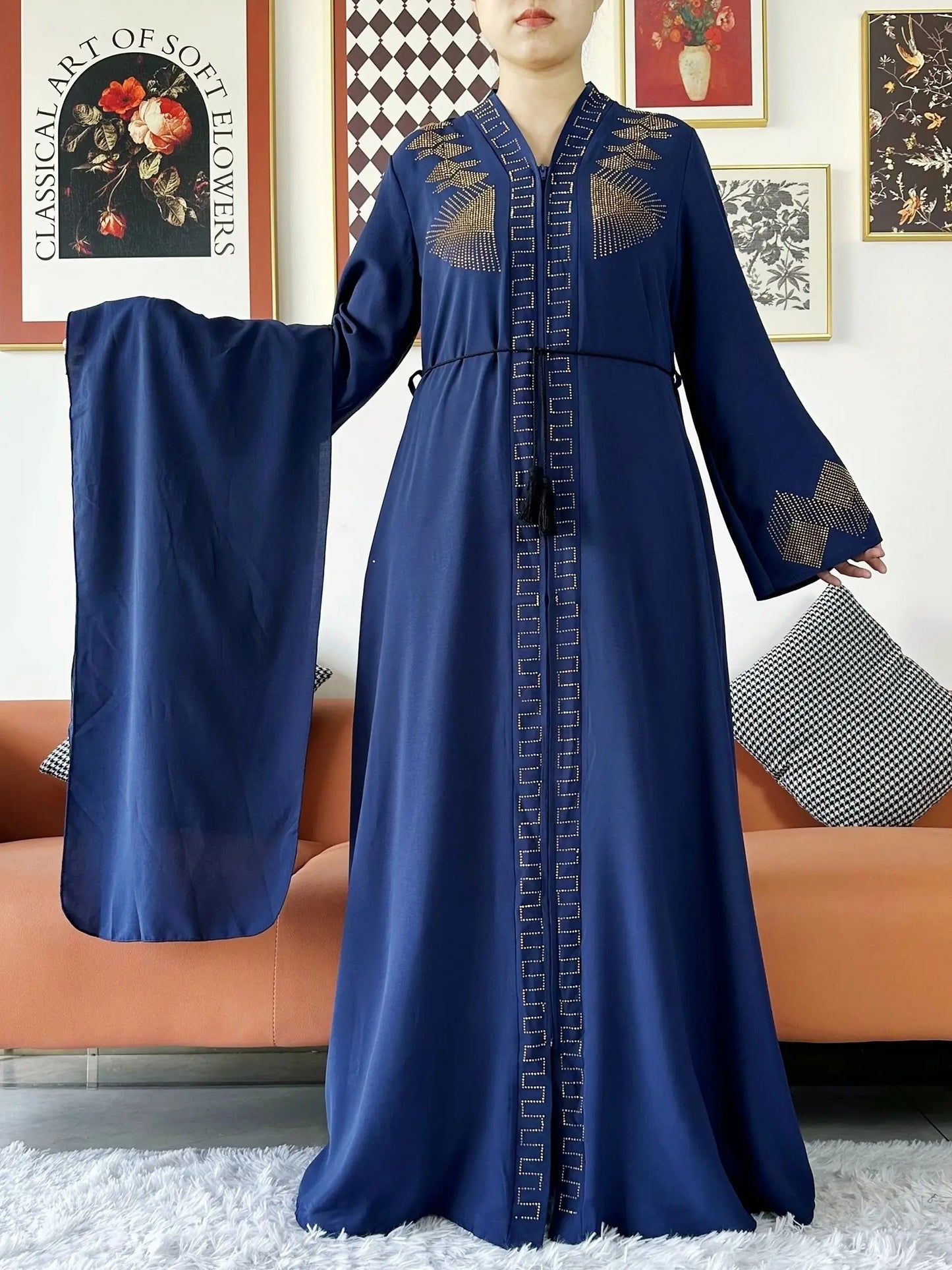 New Women Elegant Dress Chiffon Open Abaya with Zipper Muslim Women Dress
