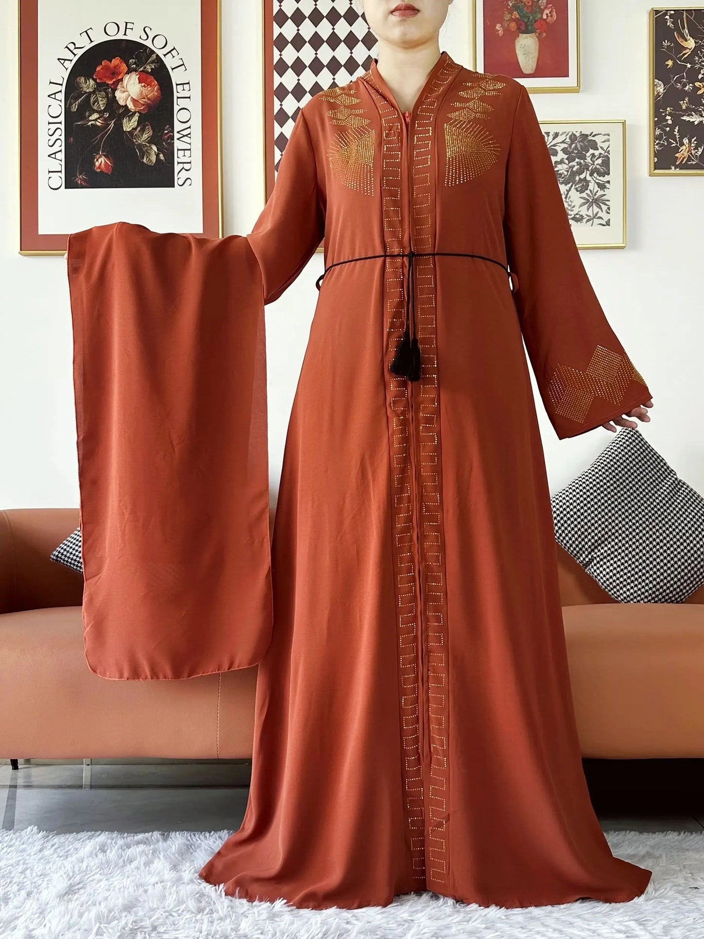 New Women Elegant Dress Chiffon Open Abaya with Zipper Muslim Women Dress