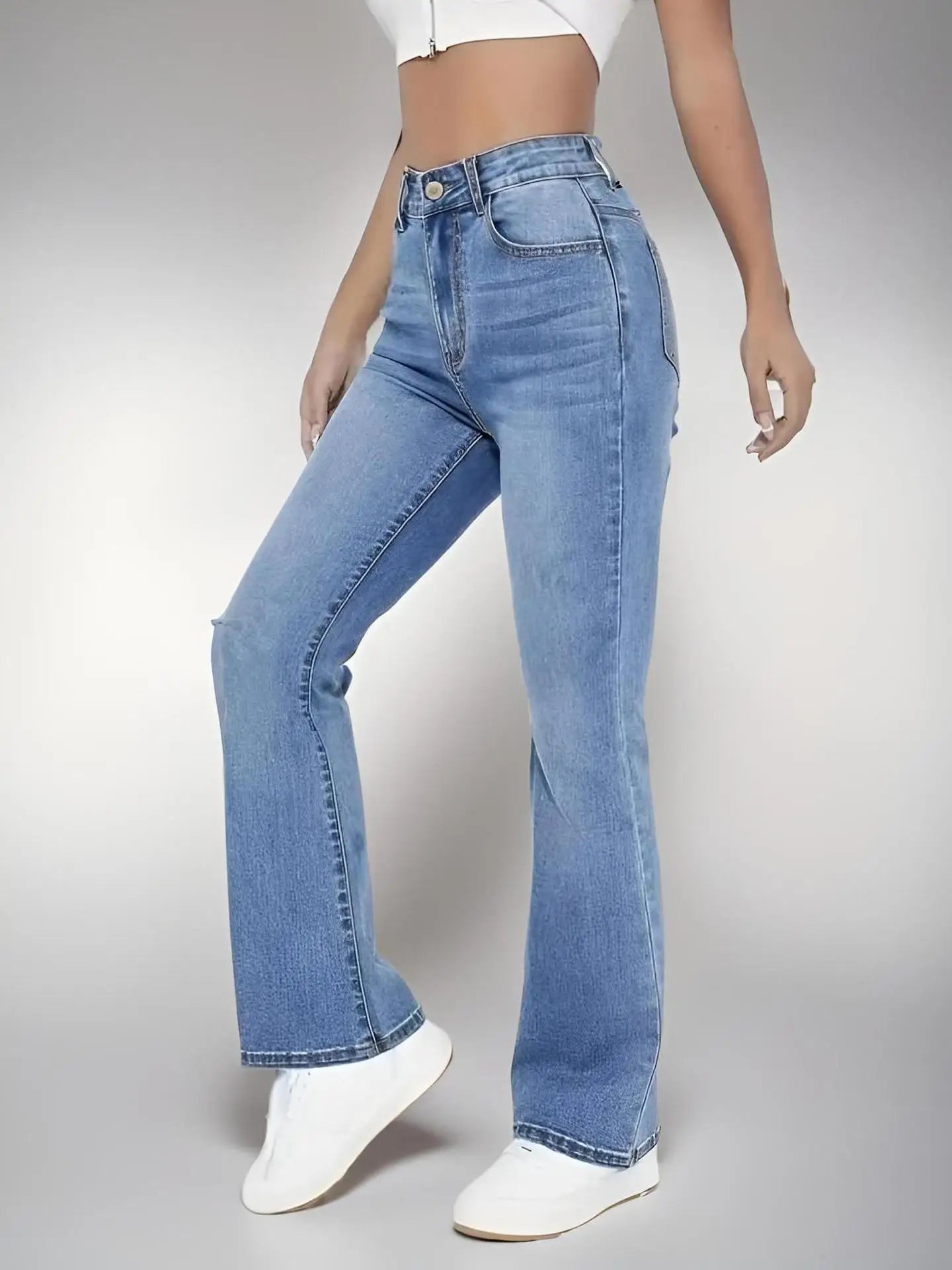 New women's slimming jeans, high-waisted, washed denim, European and American style, versatile for casual wear.