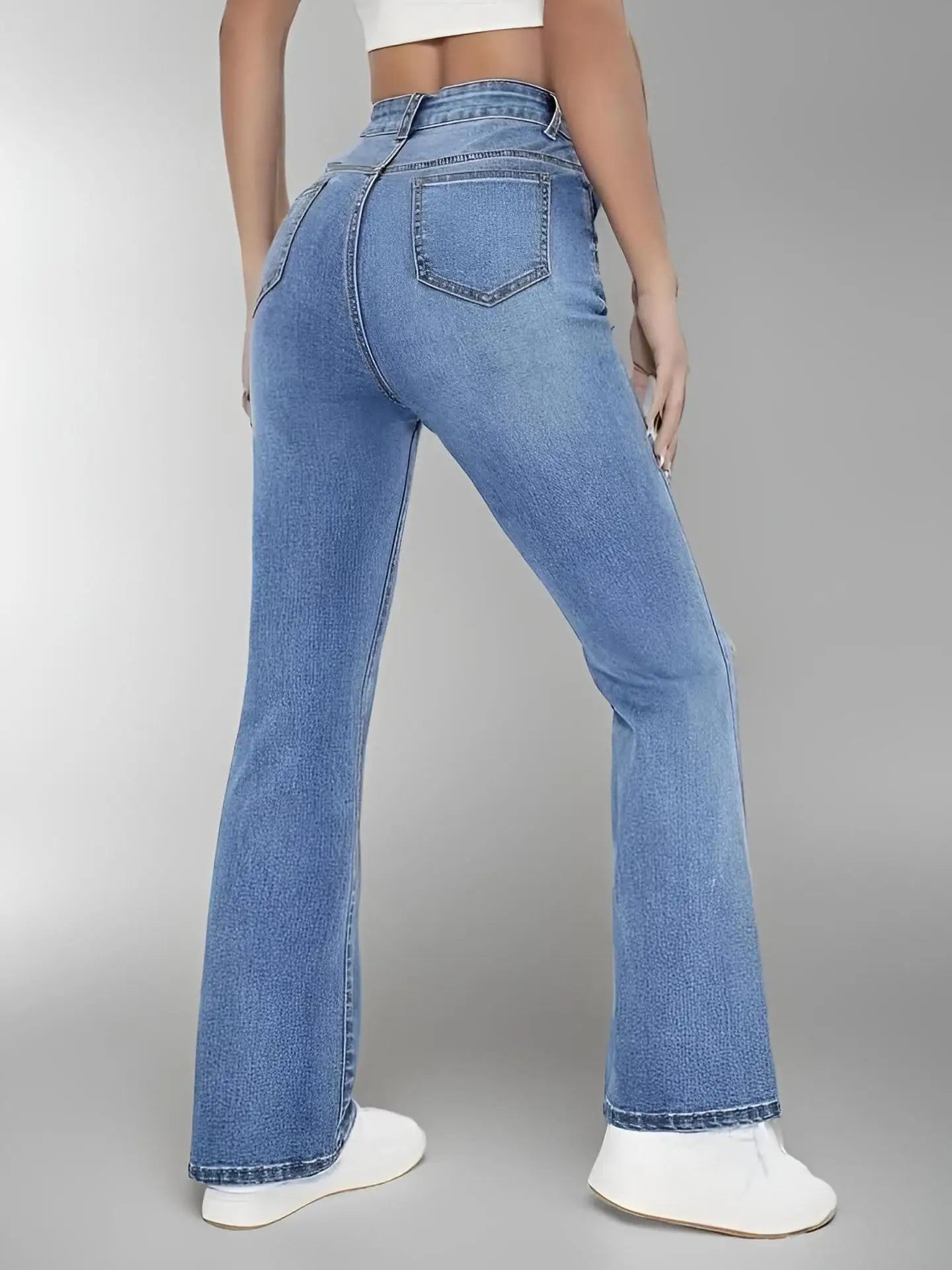 New women's slimming jeans, high-waisted, washed denim, European and American style, versatile for casual wear.