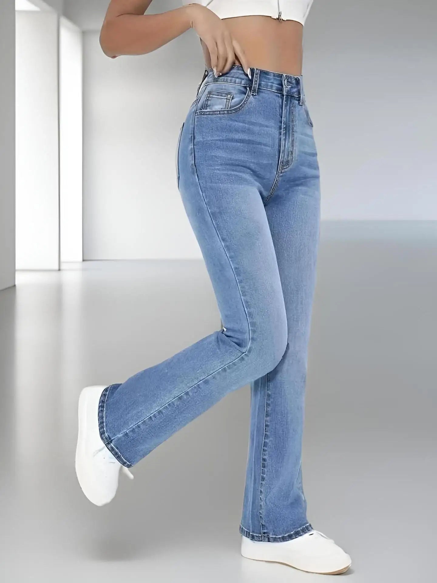 New women's slimming jeans, high-waisted, washed denim, European and American style, versatile for casual wear.