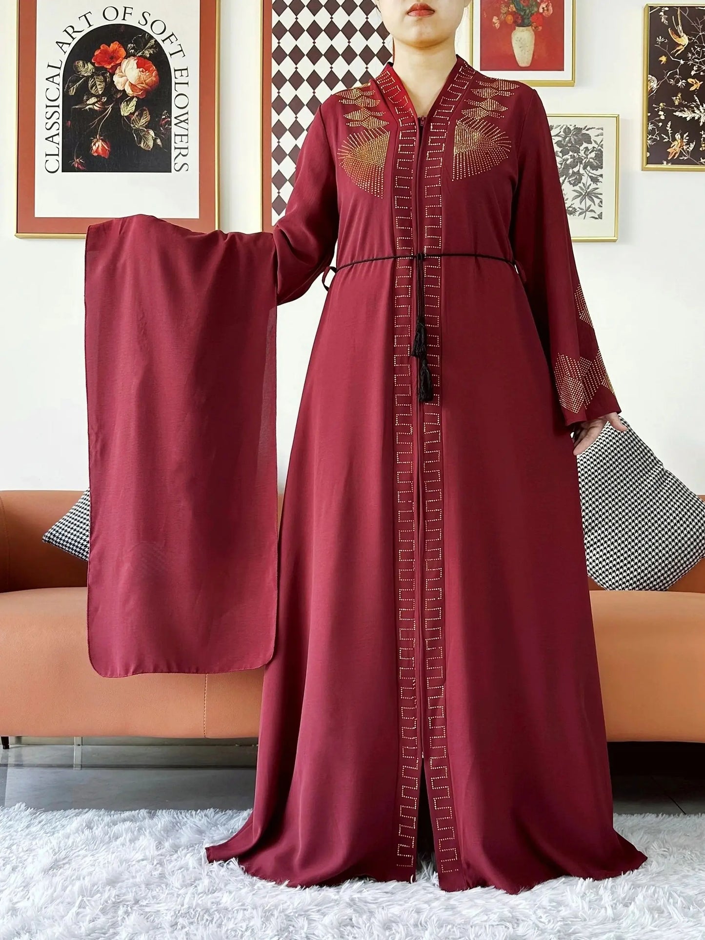 New Women Elegant Dress Chiffon Open Abaya with Zipper Muslim Women Dress