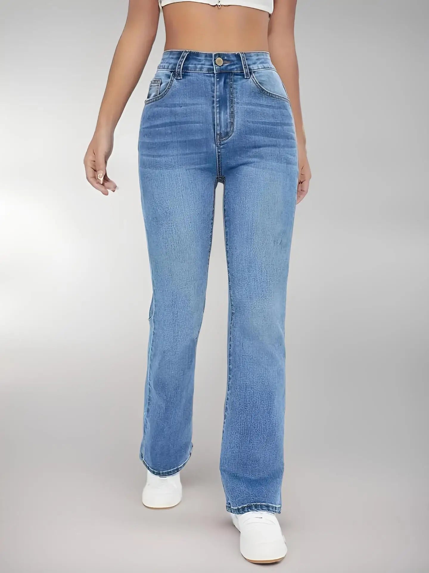 New women's slimming jeans, high-waisted, washed denim, European and American style, versatile for casual wear.