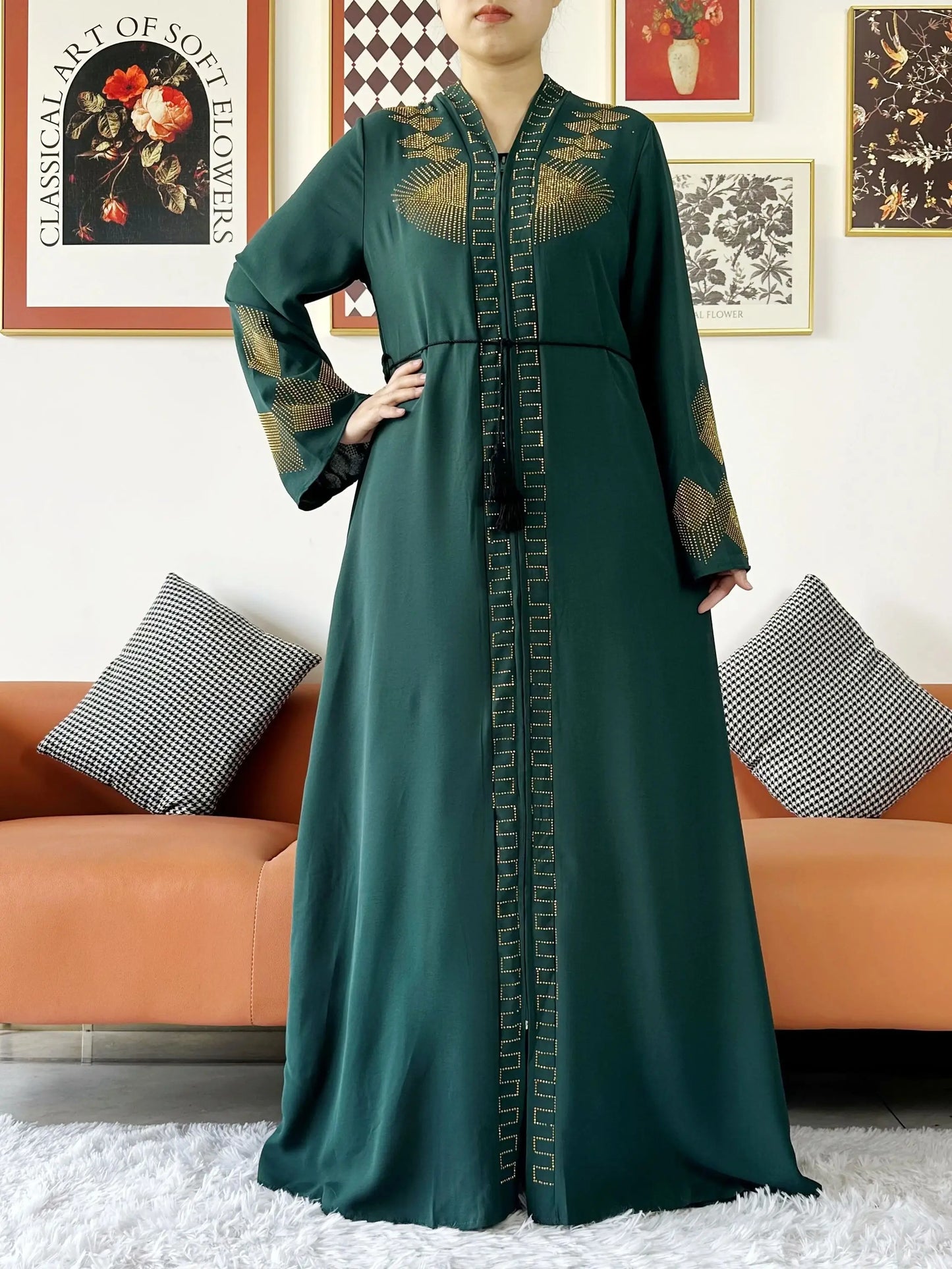 New Women Elegant Dress Chiffon Open Abaya with Zipper Muslim Women Dress