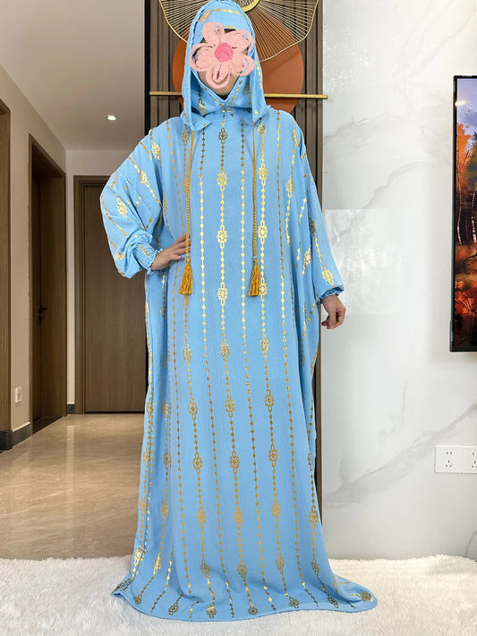 New Cotton  Muslim Two-Hat Abaya Dubai Turkey Islam Prayer Clothes Gold Dust