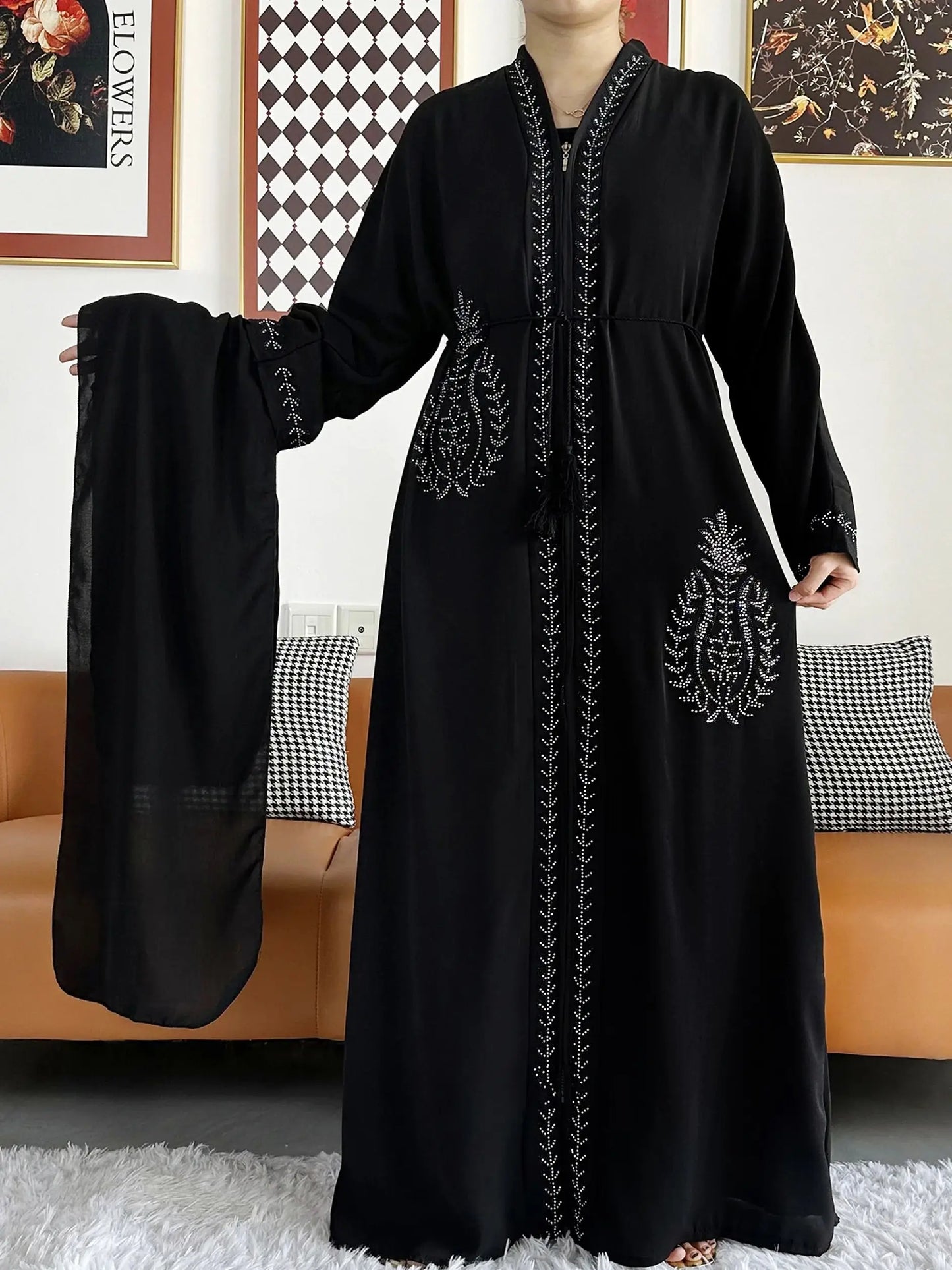 New Women Elegant Dress Chiffon Open Abaya with Zipper Muslim Women Dress