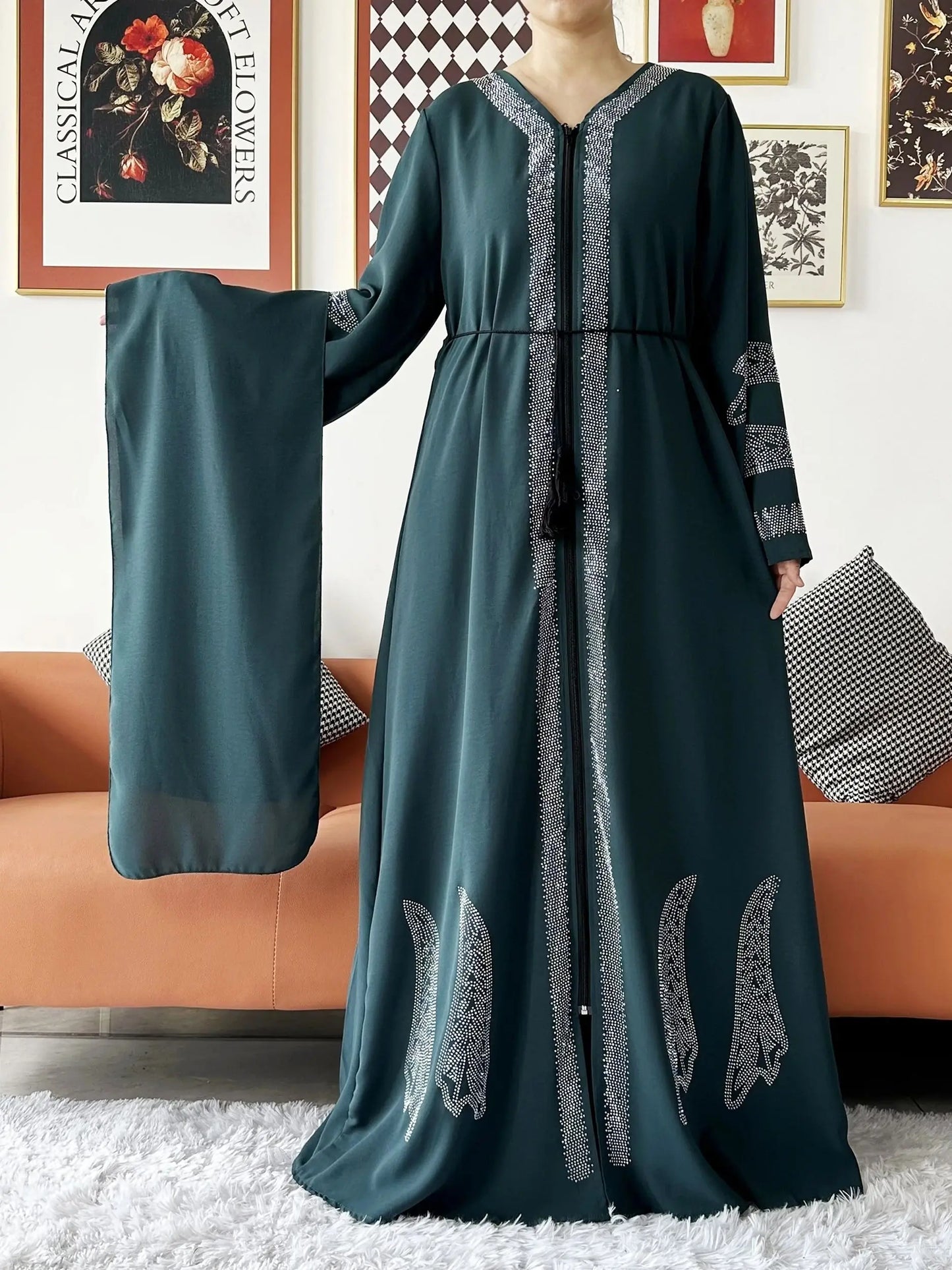 New Women Elegant Dress Chiffon Open Abaya with Zipper Muslim Women Dress