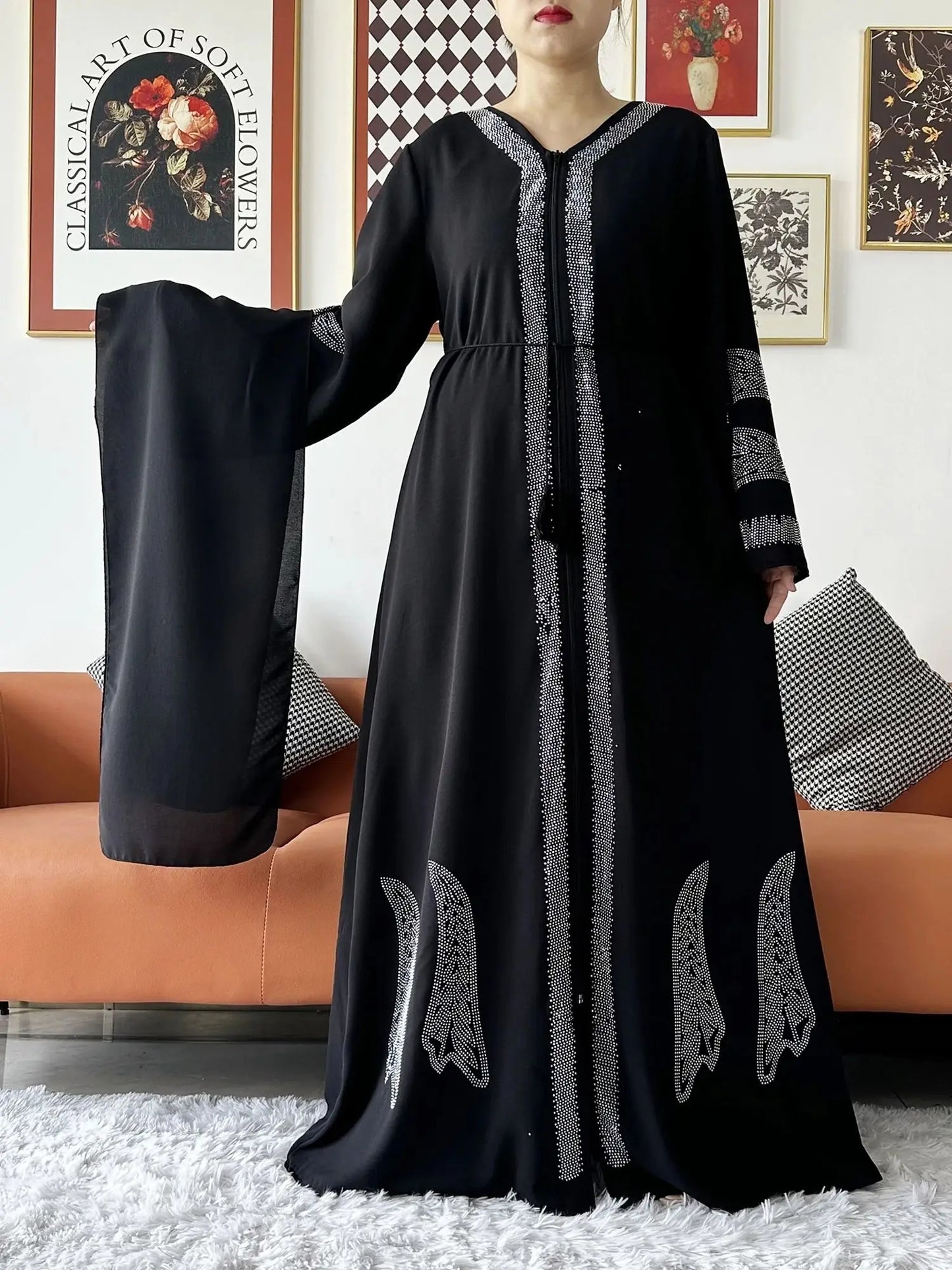 New Women Elegant Dress Chiffon Open Abaya with Zipper Muslim Women Dress