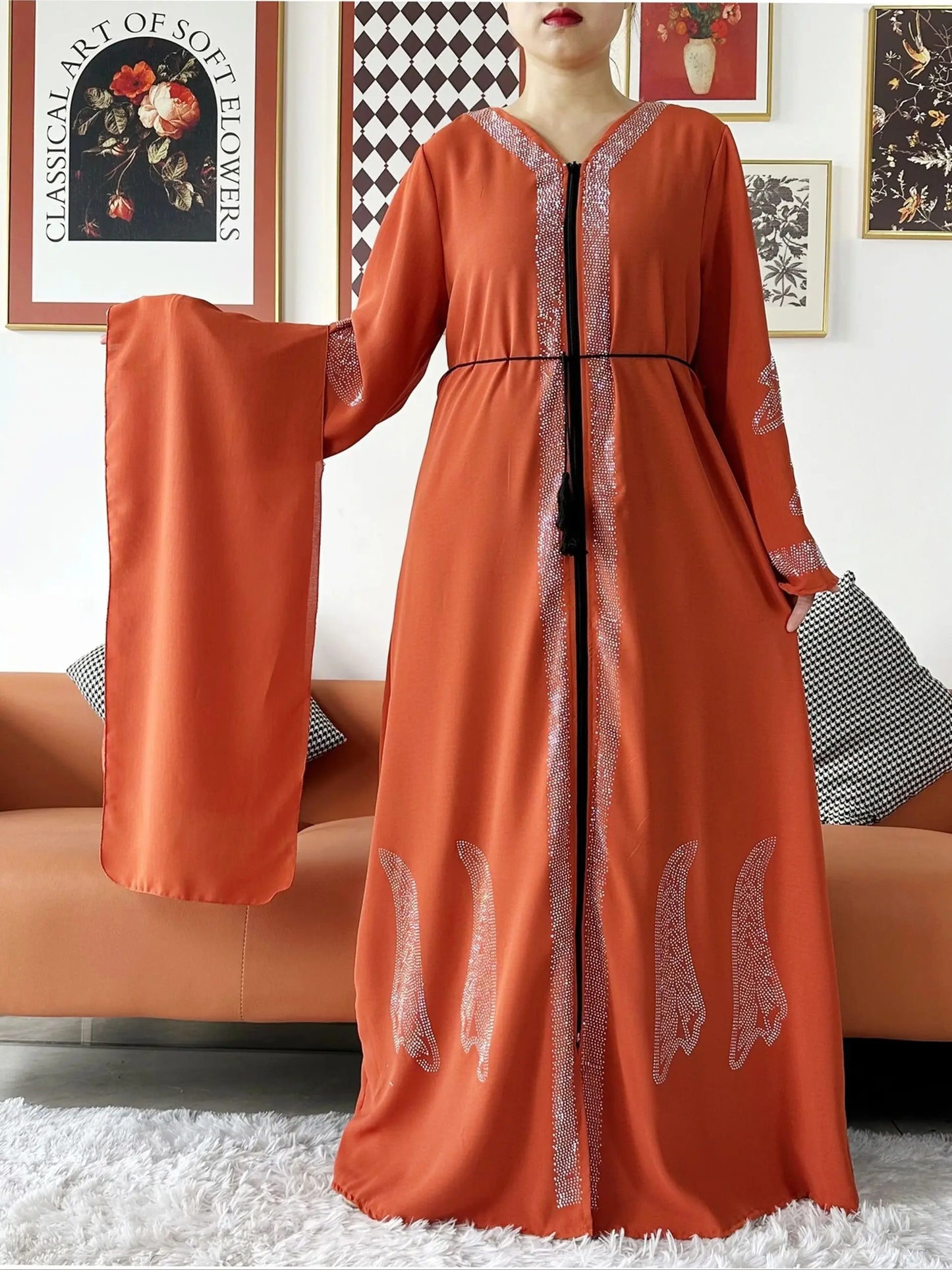 New Women Elegant Dress Chiffon Open Abaya with Zipper Muslim Women Dress
