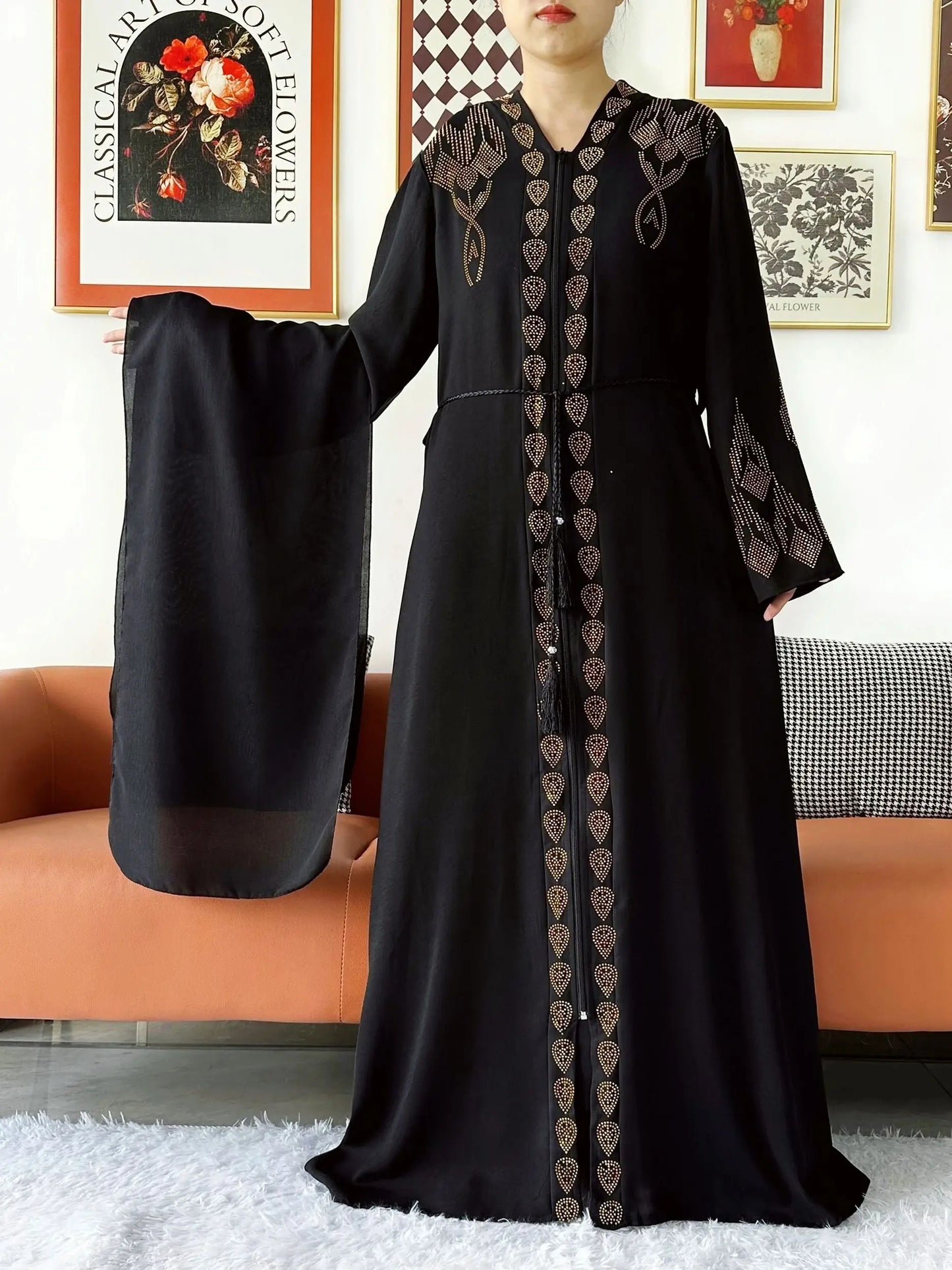 New Women Elegant Dress Chiffon Open Abaya with Zipper Muslim Women Dress