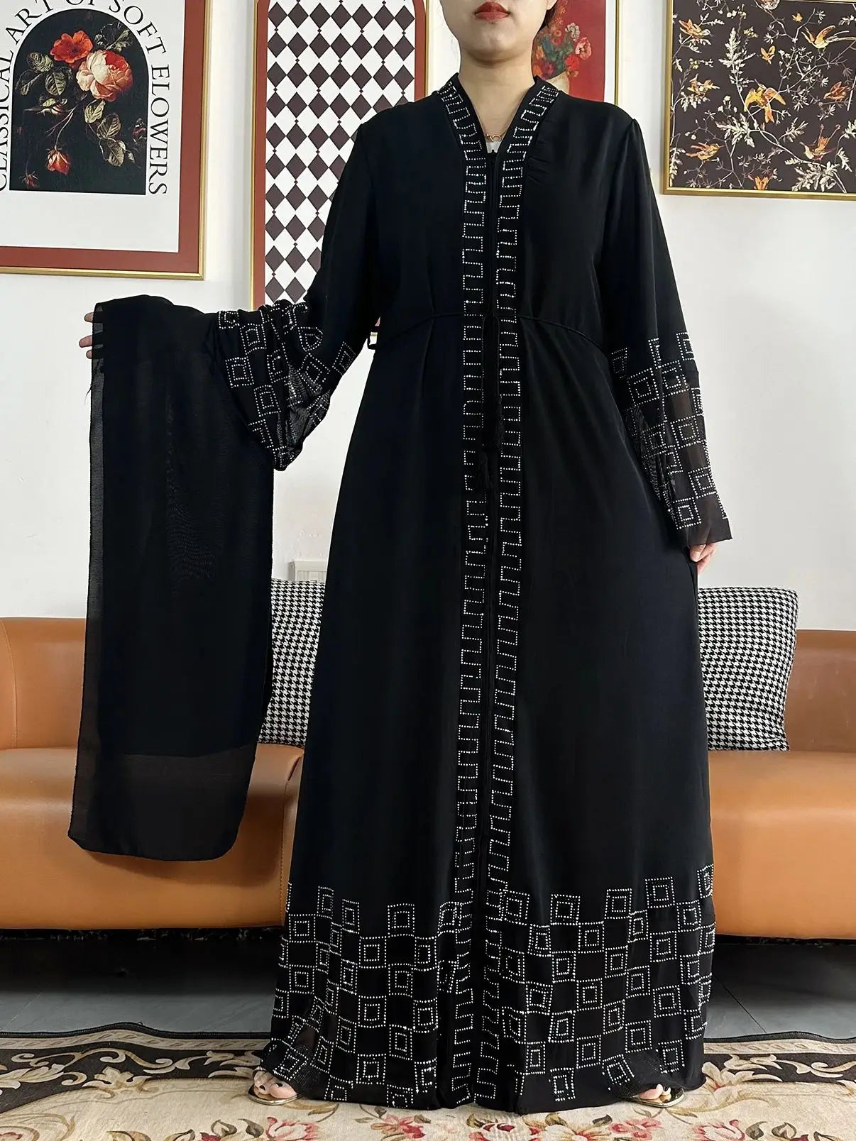 New Women Elegant Dress Chiffon Open Abaya with Zipper Muslim Women Dress