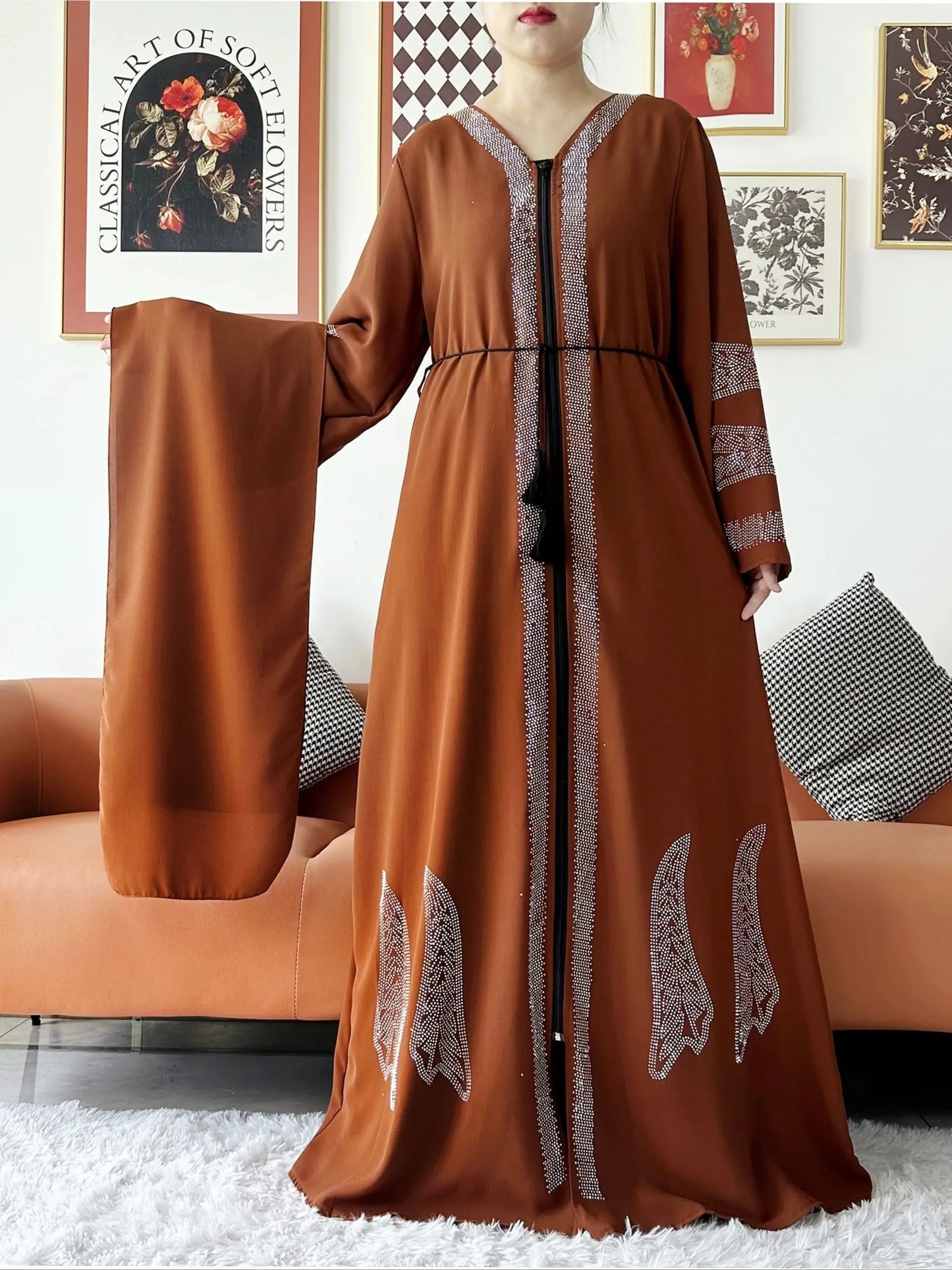New Women Elegant Dress Chiffon Open Abaya with Zipper Muslim Women Dress