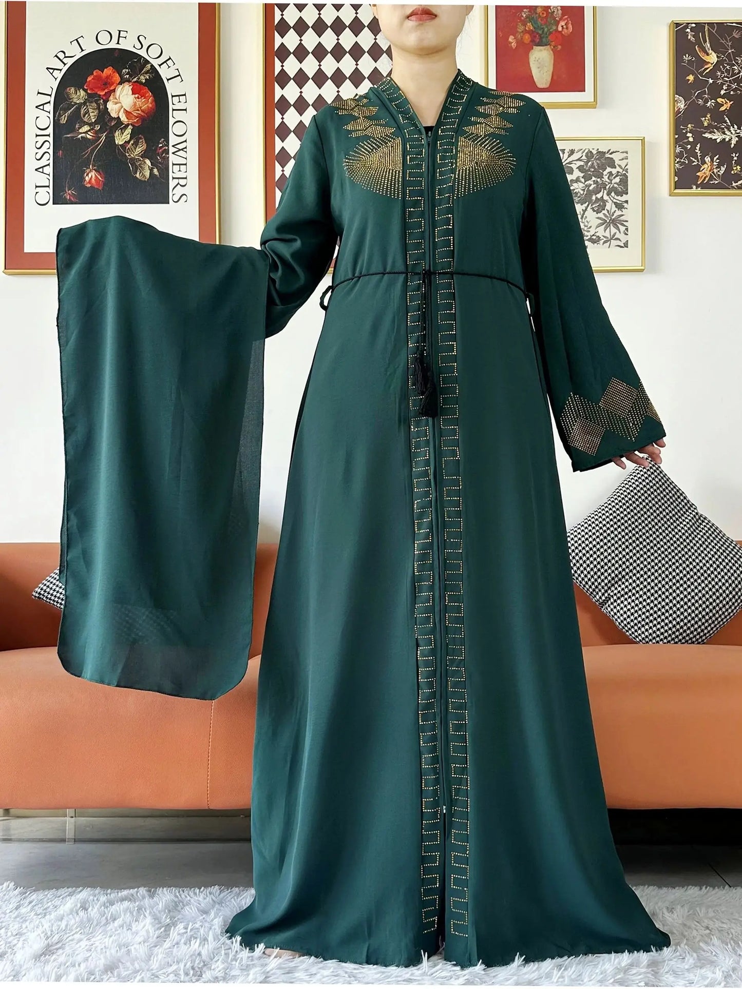 New Women Elegant Dress Chiffon Open Abaya with Zipper Muslim Women Dress