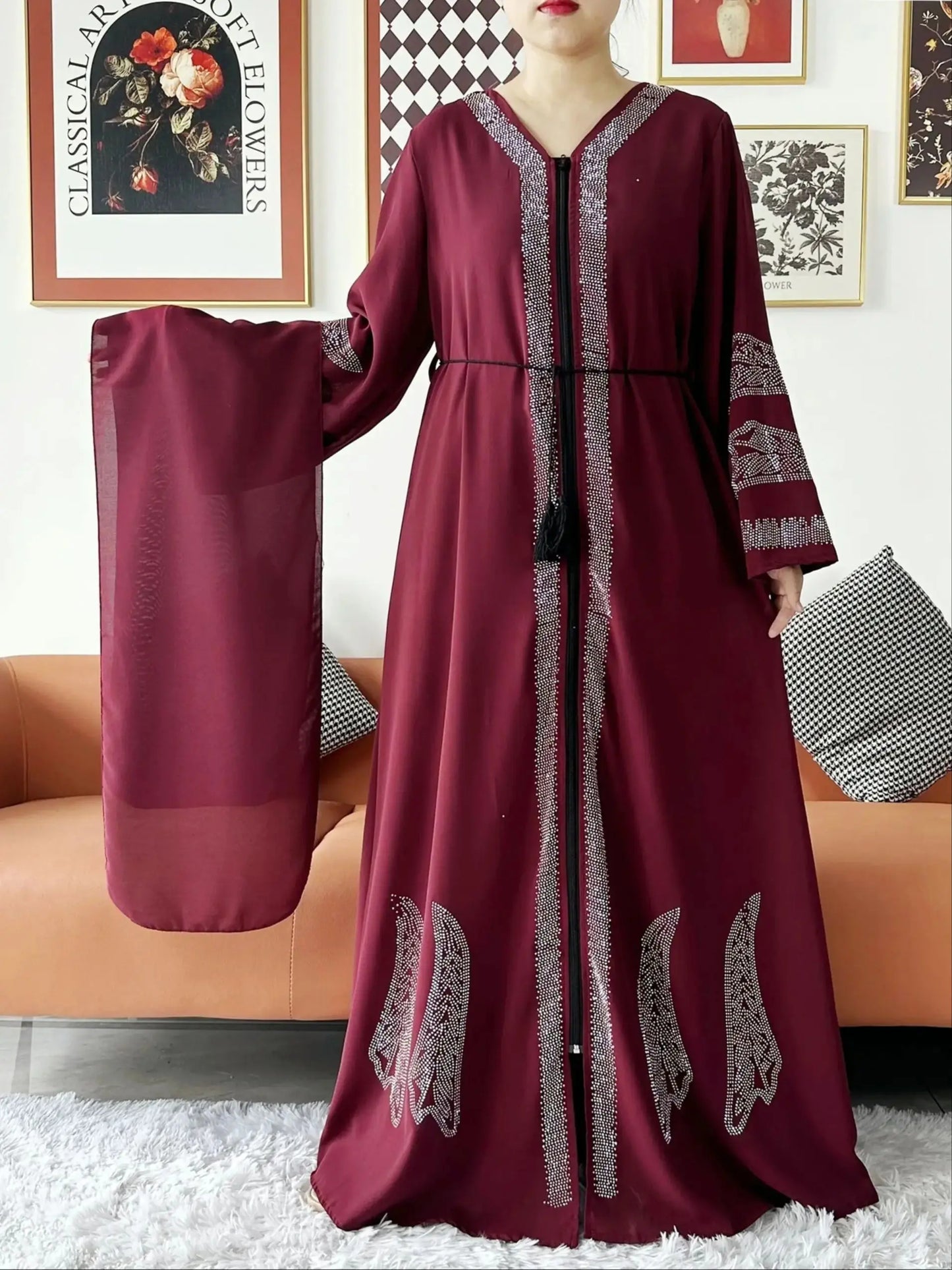 New Women Elegant Dress Chiffon Open Abaya with Zipper Muslim Women Dress