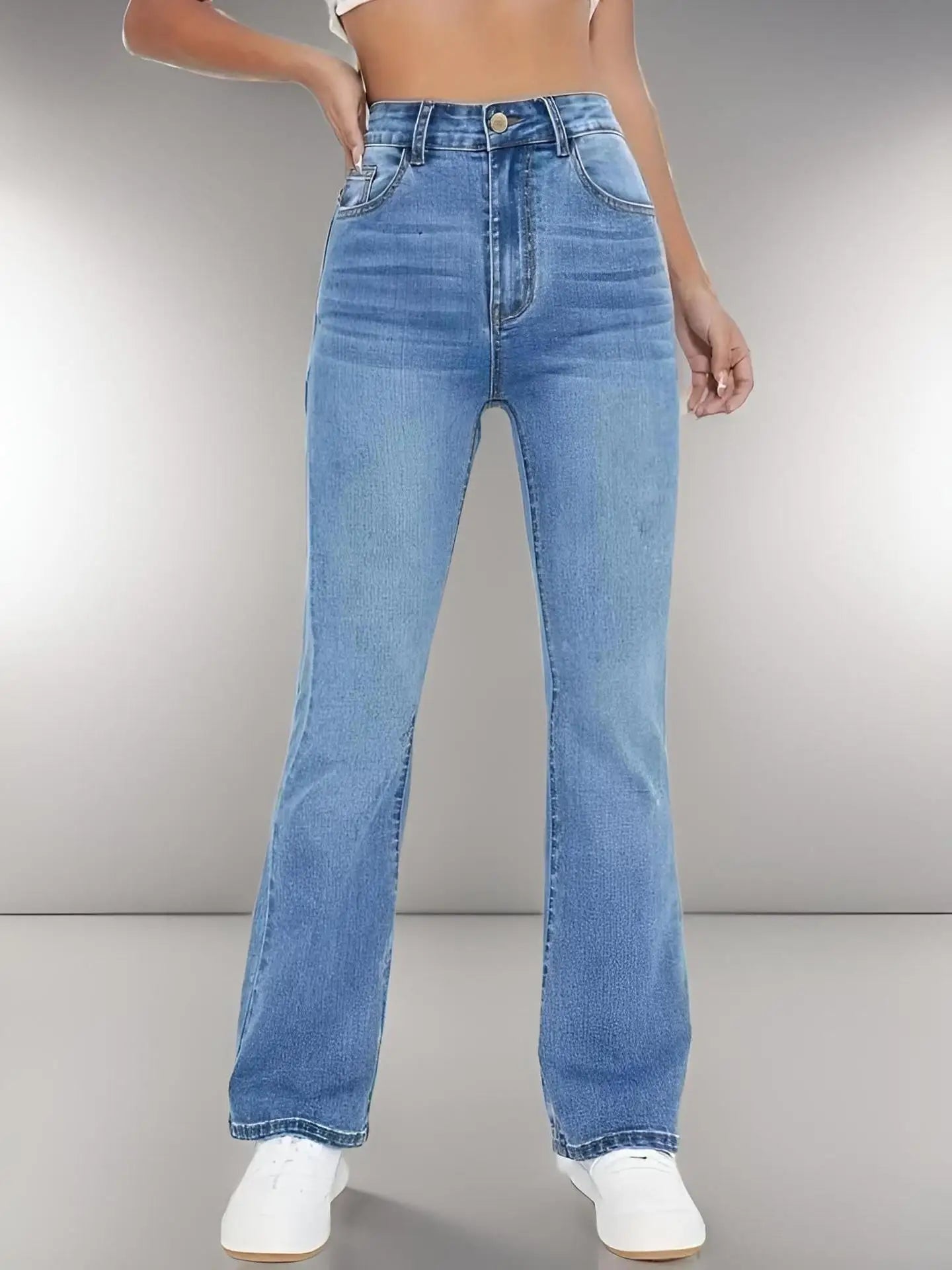 New women's slimming jeans, high-waisted, washed denim, European and American style, versatile for casual wear.