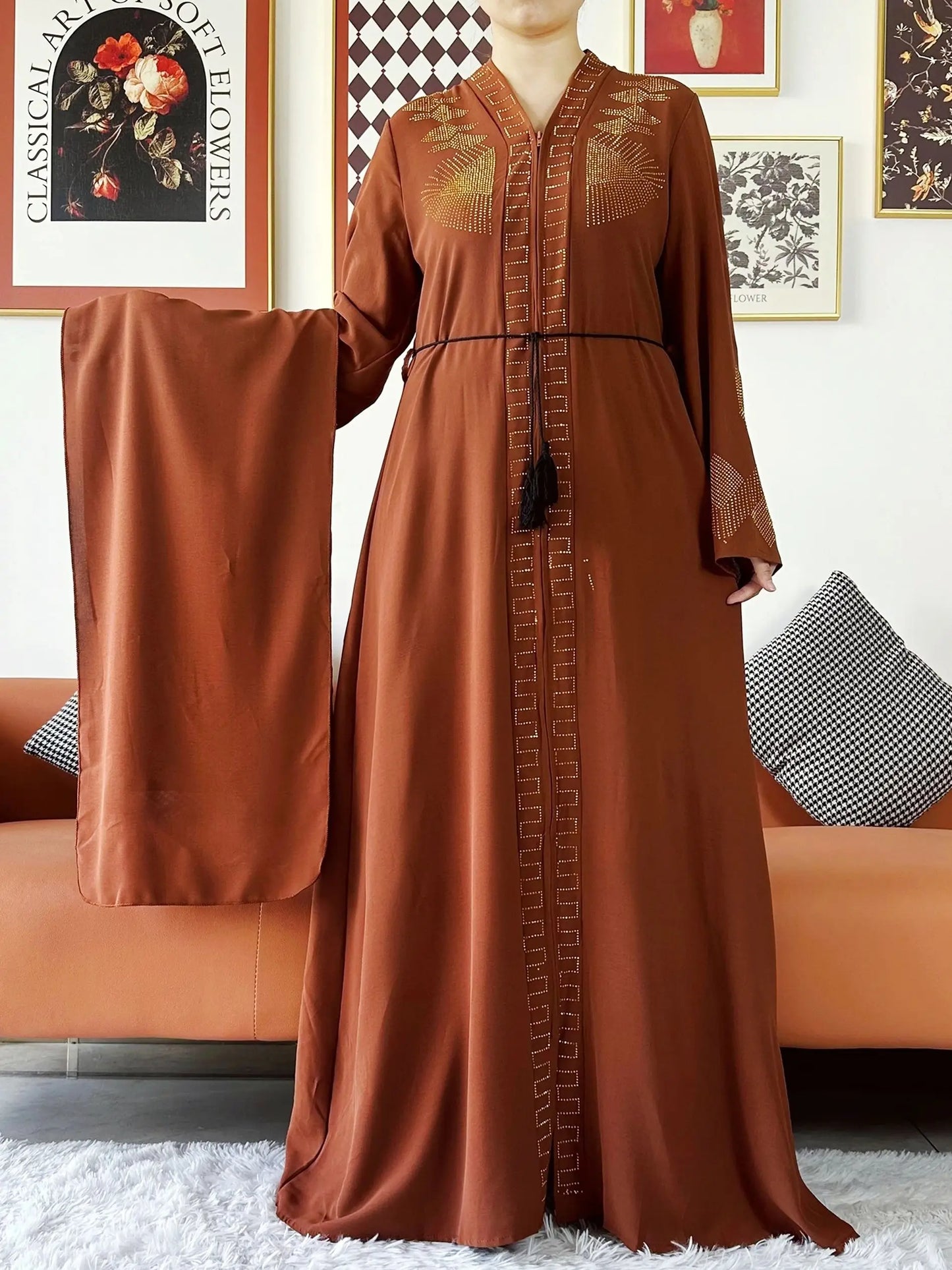New Women Elegant Dress Chiffon Open Abaya with Zipper Muslim Women Dress