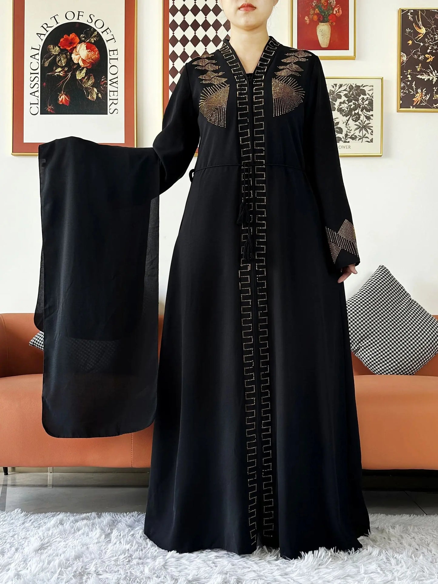 New Women Elegant Dress Chiffon Open Abaya with Zipper Muslim Women Dress