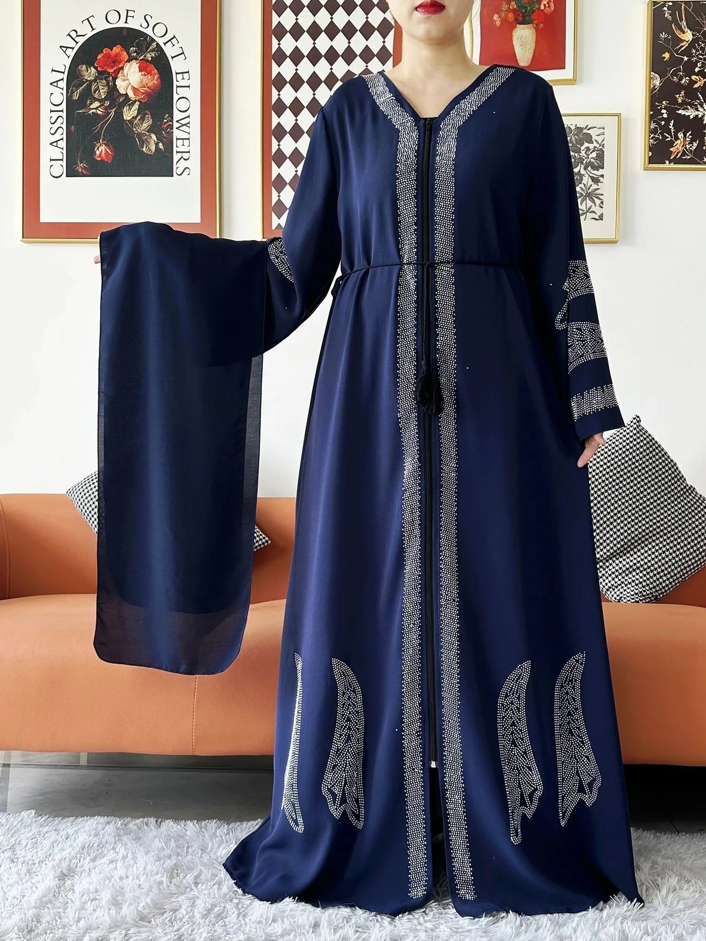New Women Elegant Dress Chiffon Open Abaya with Zipper Muslim Women Dress